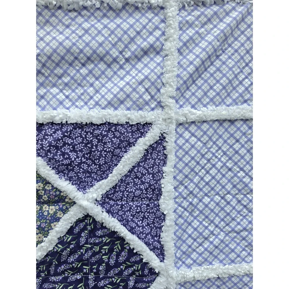 Handmade Lavender Dream Rag Quilt Throw-Floral design and Purple Gingham-- NEW